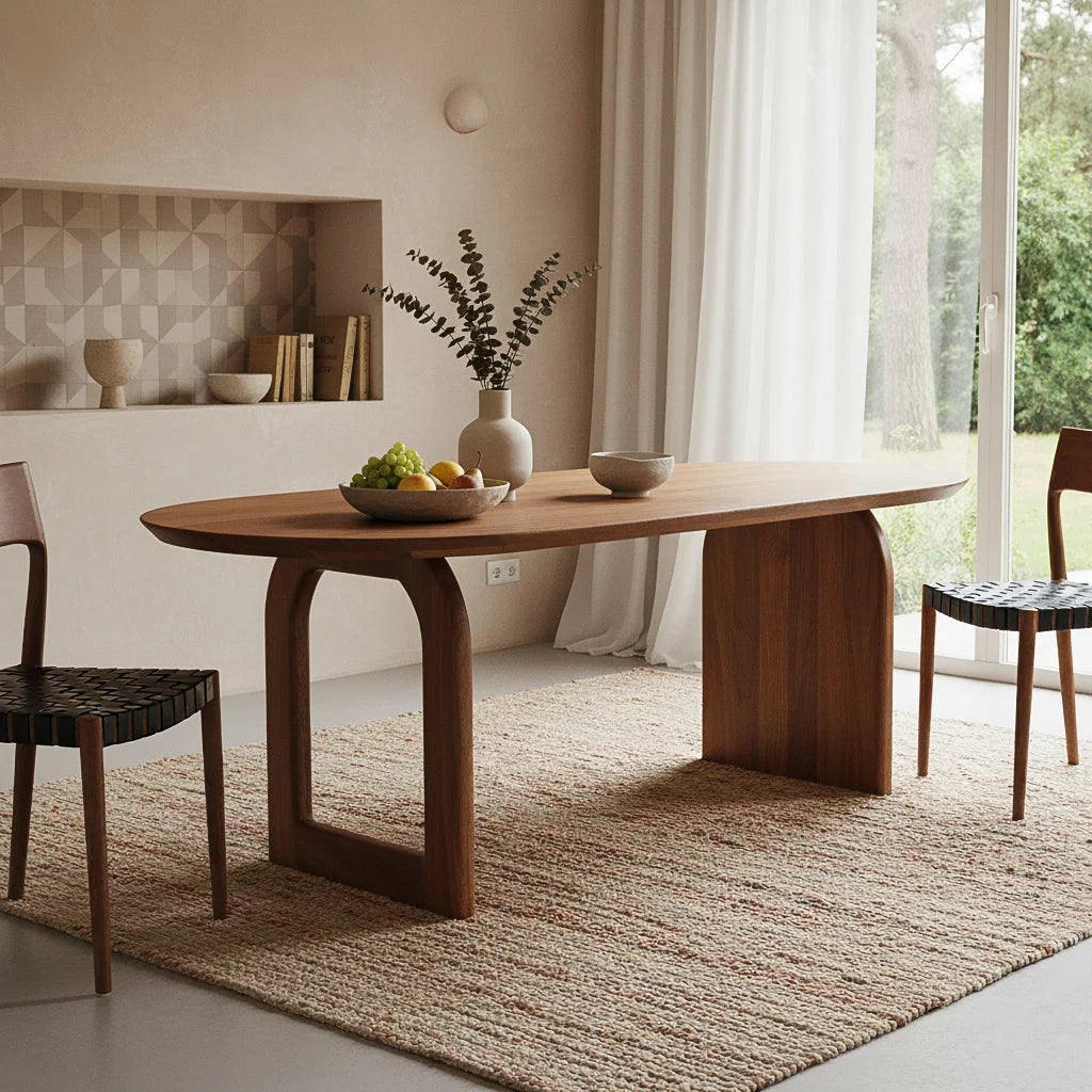 Table à manger bois massif brun 180x90 cm, piétement sculptural ovale moderne