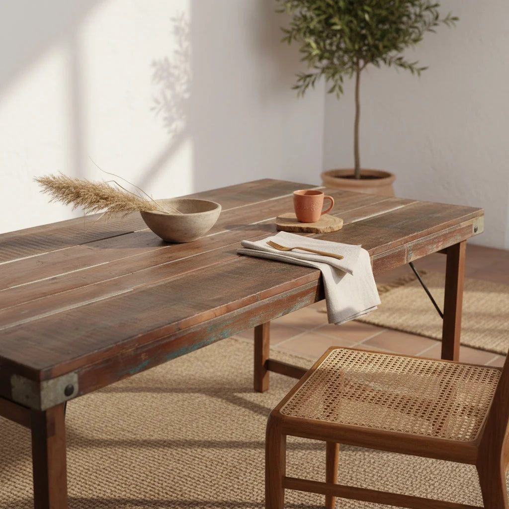 Table à manger rustique en bois recyclé brun et métal vintage 165x75 cm