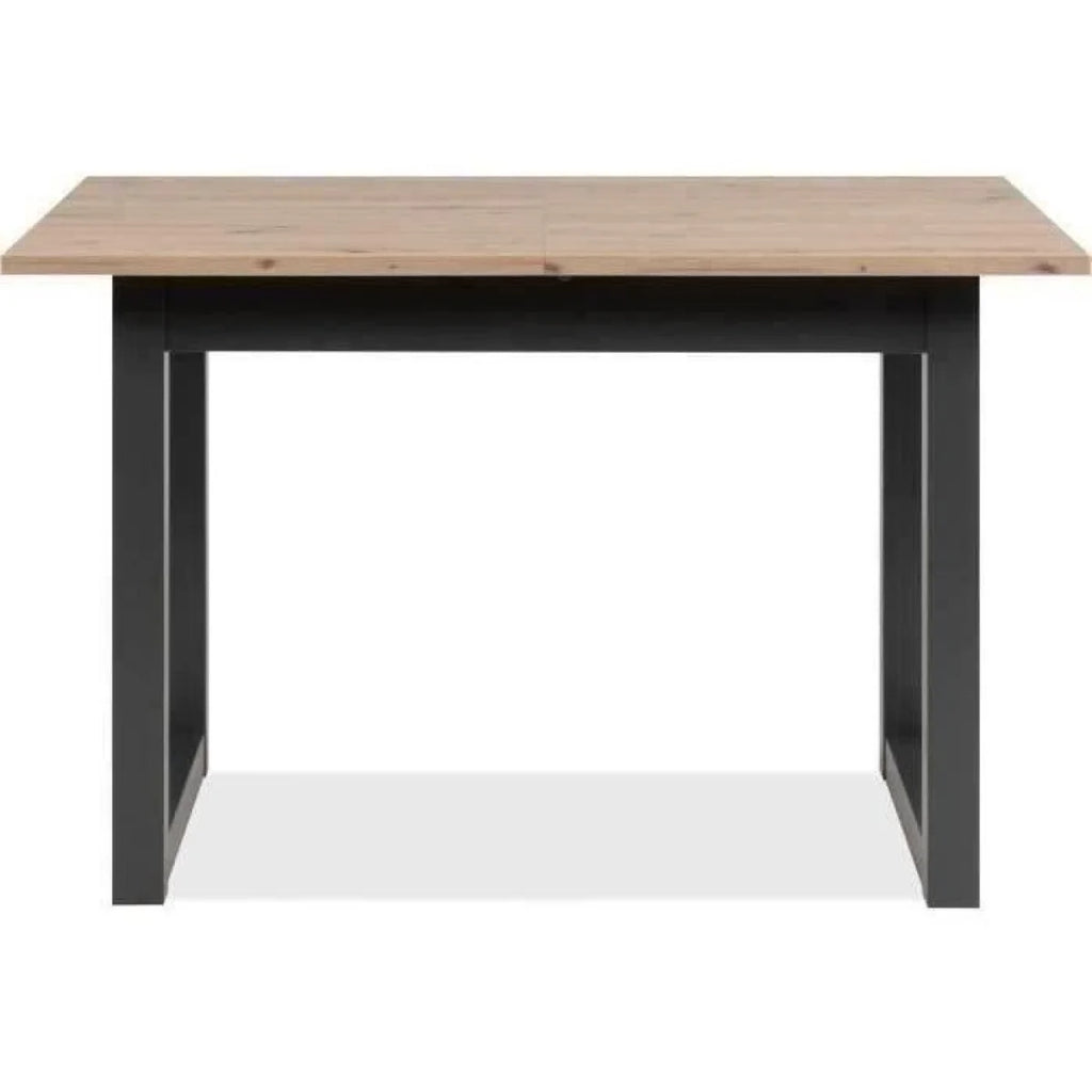 Table à manger extensible en bois clair et métal noir avec design minimaliste