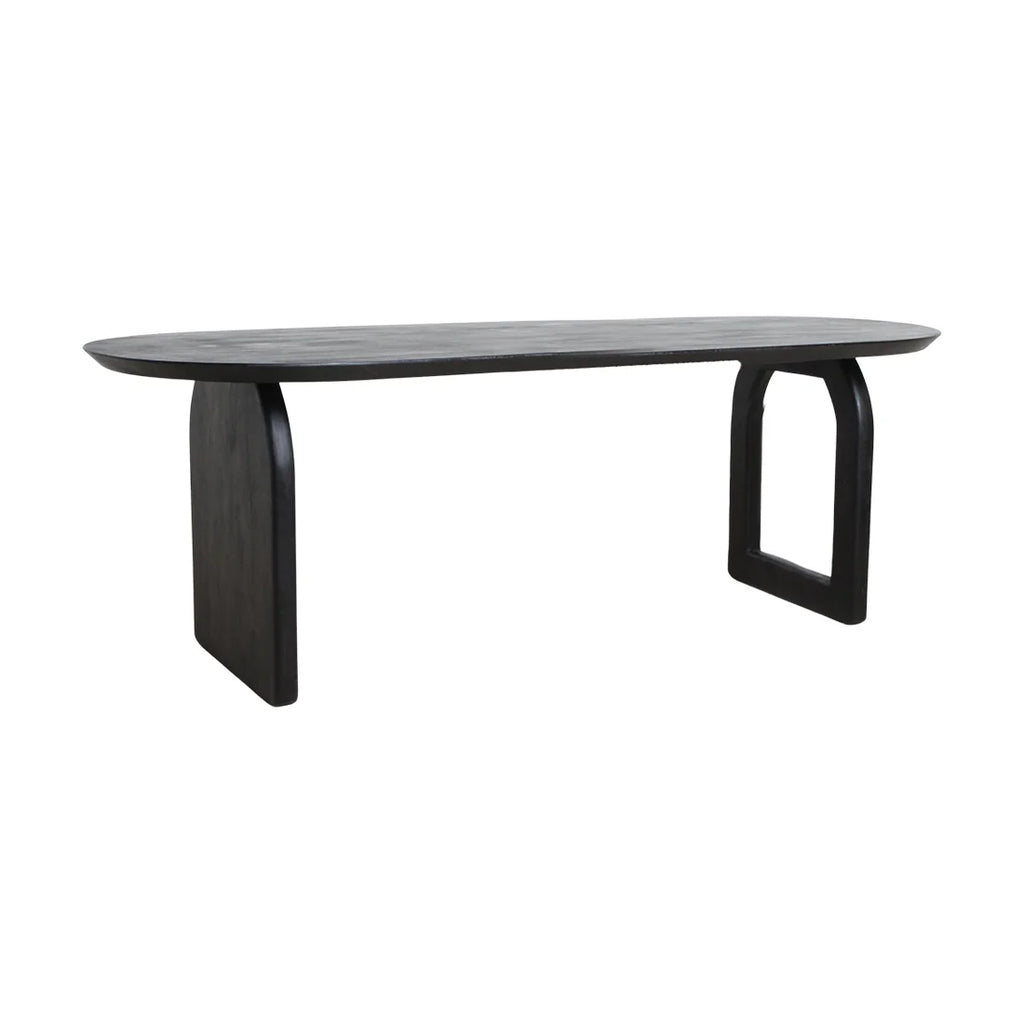 Table à manger ovale moderne en pierre grise avec pieds noirs asymétriques