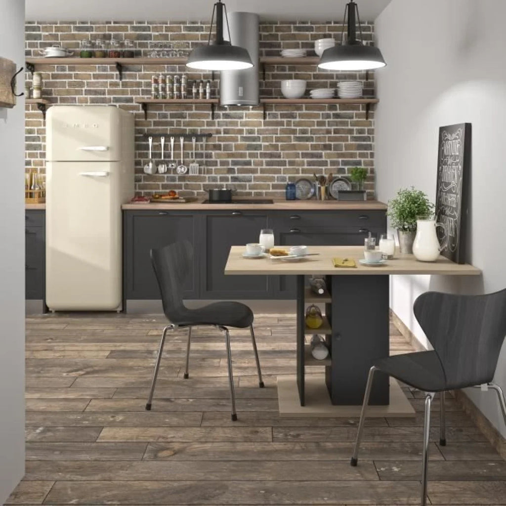 Table à manger rectangulaire bois clair, noir, rangement 120x80 cm