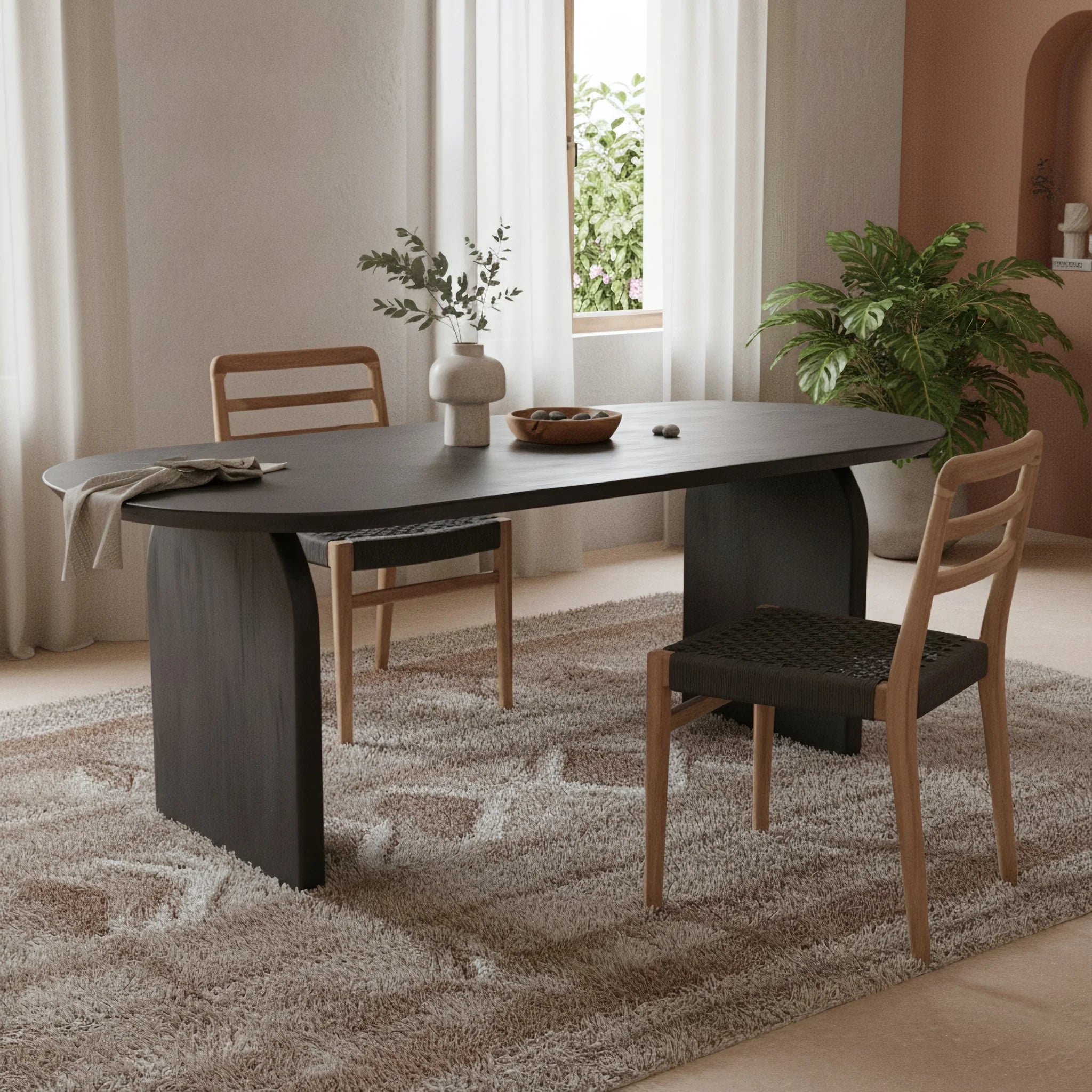Table à manger ovale gris foncé moderne, 200x90 cm, bois noir aux coins arrondis