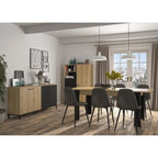 Table à manger rectangulaire en chêne et métal noir avec chaises grises modernes