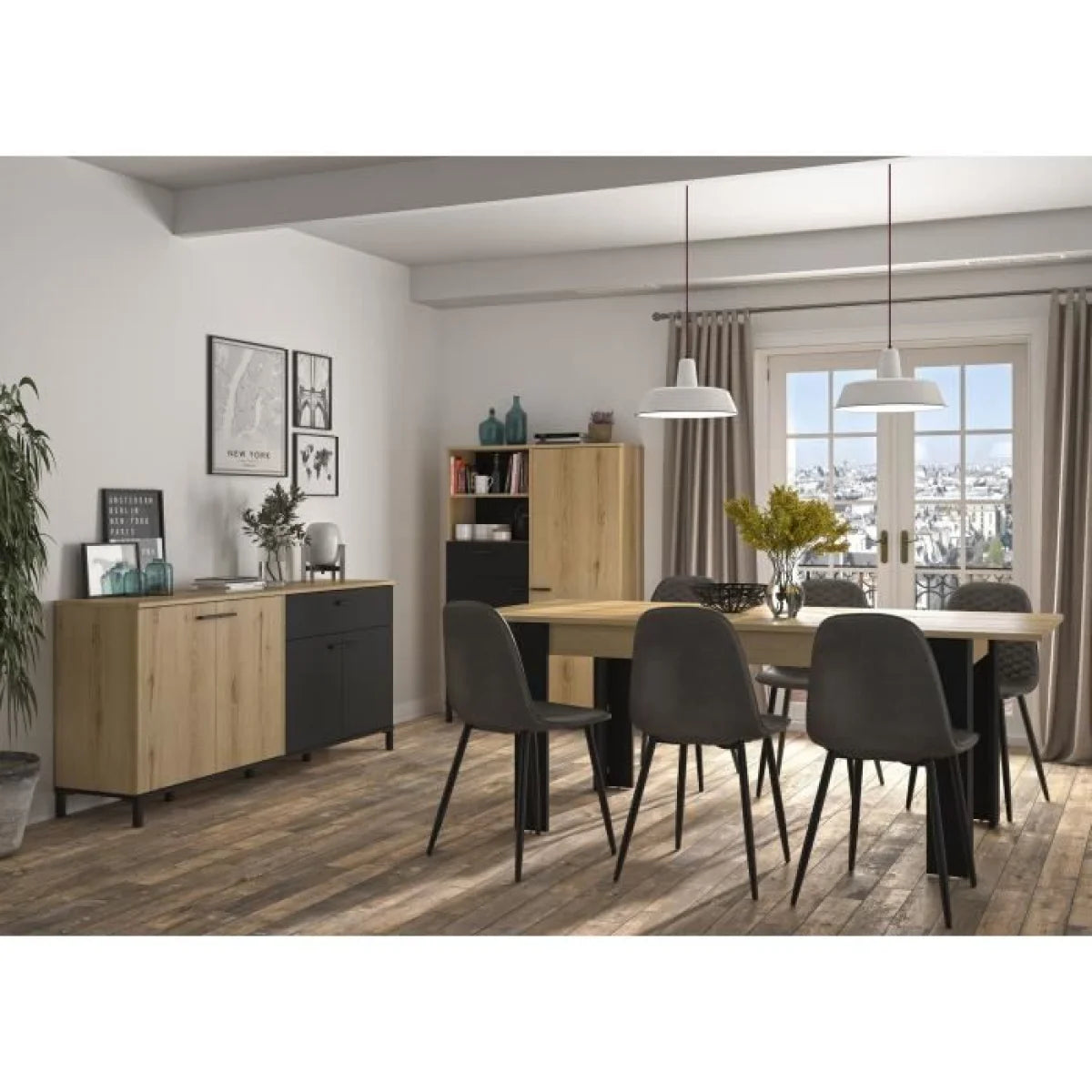 Table à manger rectangulaire en chêne et métal noir avec chaises grises modernes