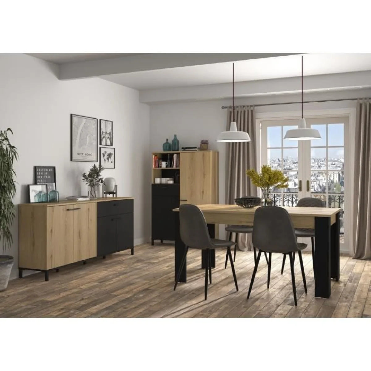 Table à manger rectangulaire en chêne et métal noir avec design minimaliste