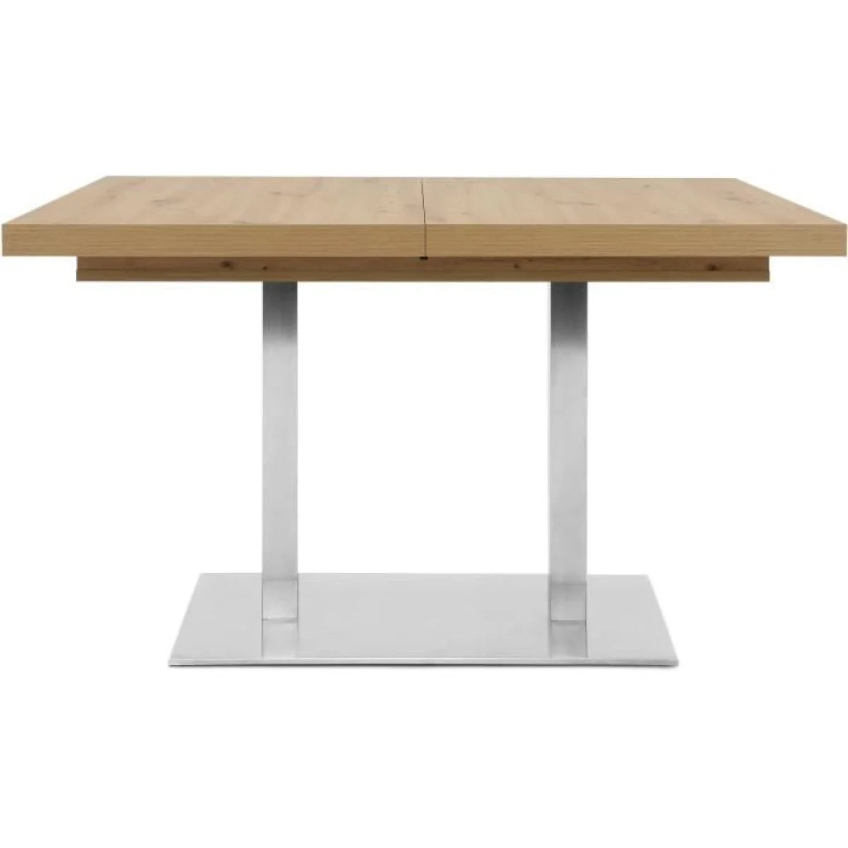 Table à manger rectangulaire extensible en bois clair et métal brossé, design moderne