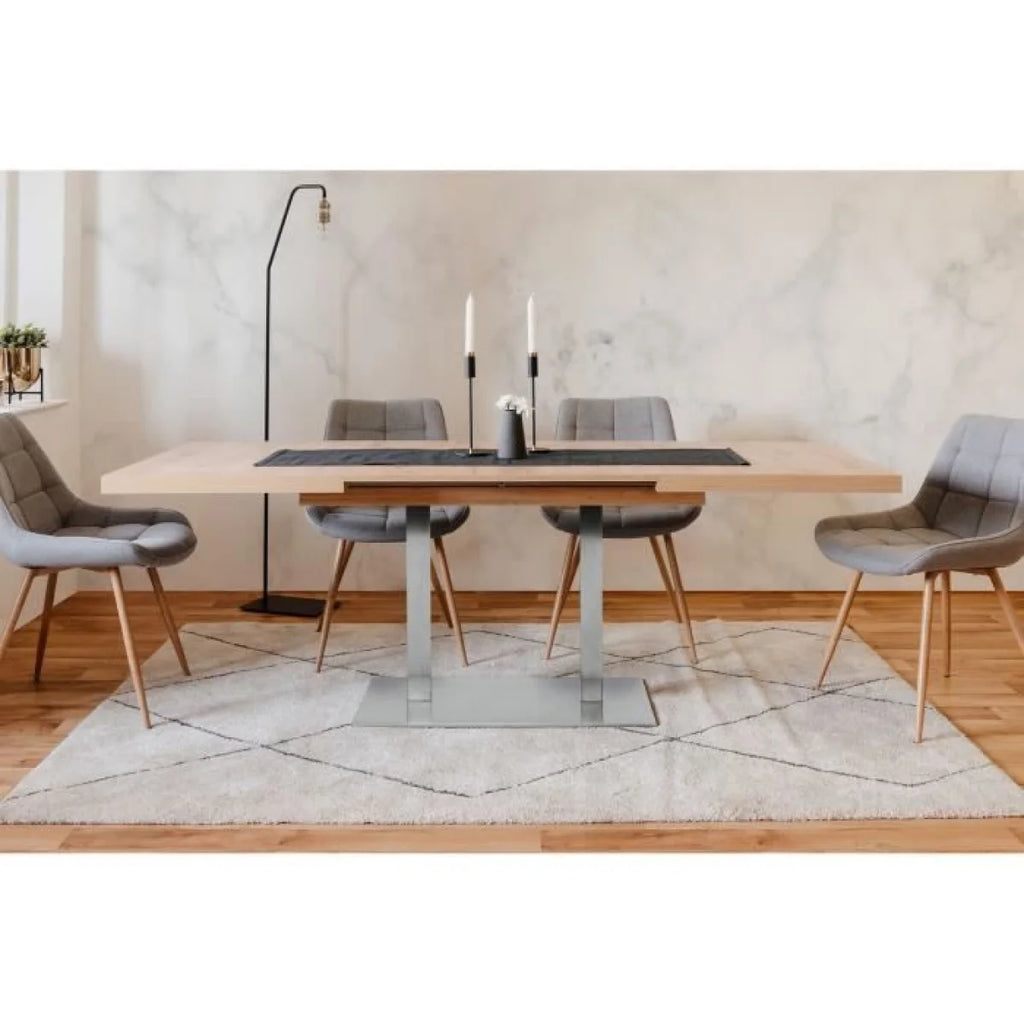 Table à manger rectangulaire à rallonge en bois clair et métal brossé, gris moderne