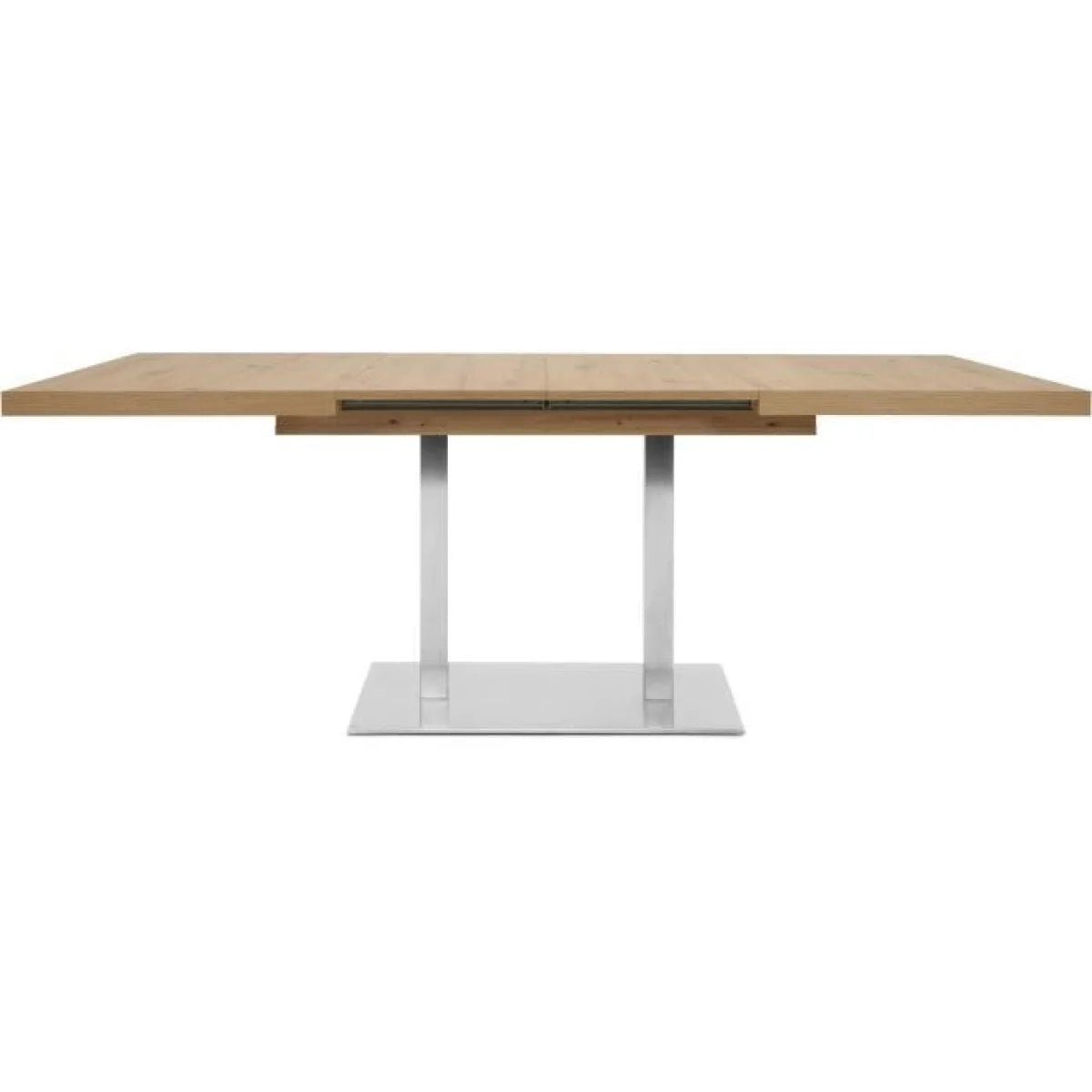 Table à manger rectangulaire en bois clair et métal brossé avec design minimaliste