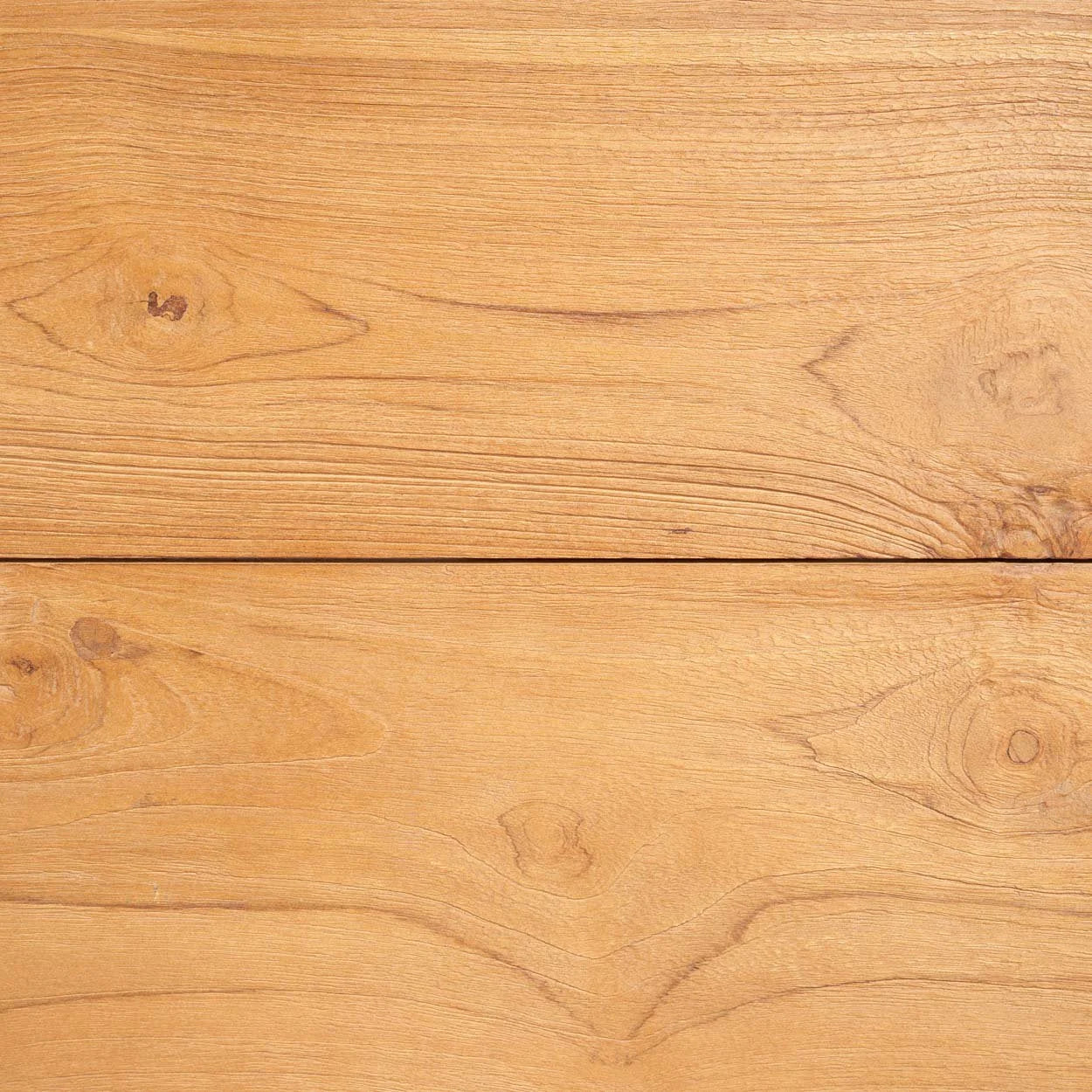 Planches en bois clair avec grain et nœuds visibles pour la table à manger en teck