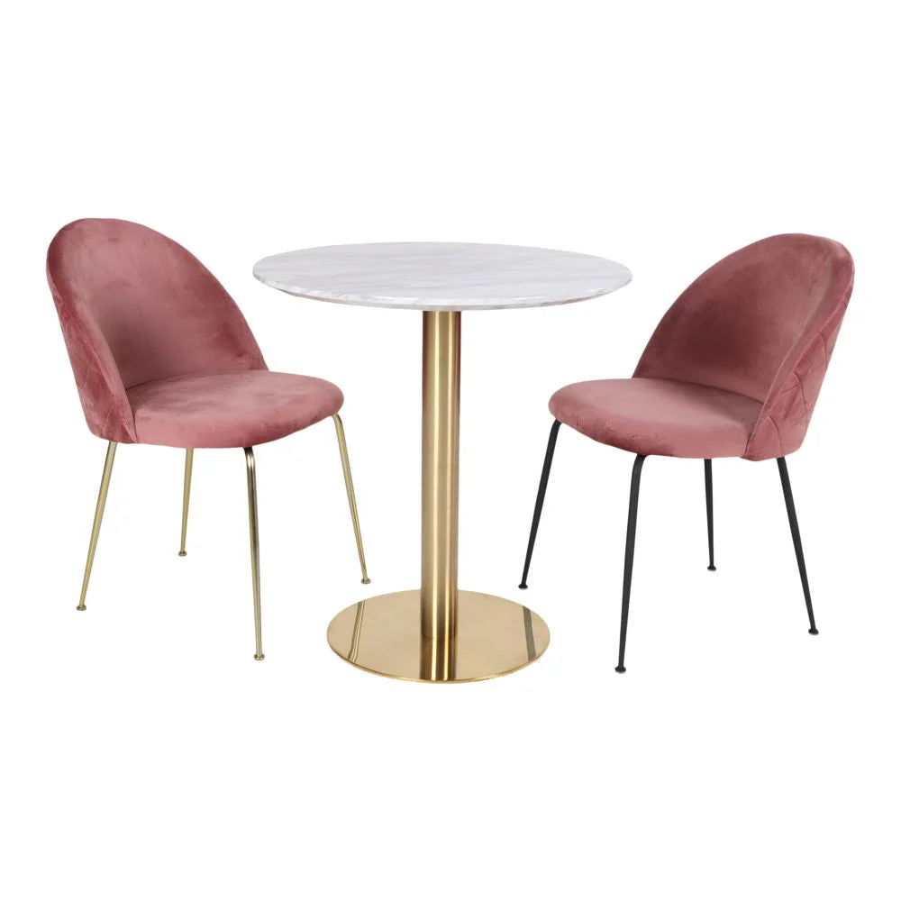 Table à manger ronde en effet marbre blanc avec deux chaises en velours rose