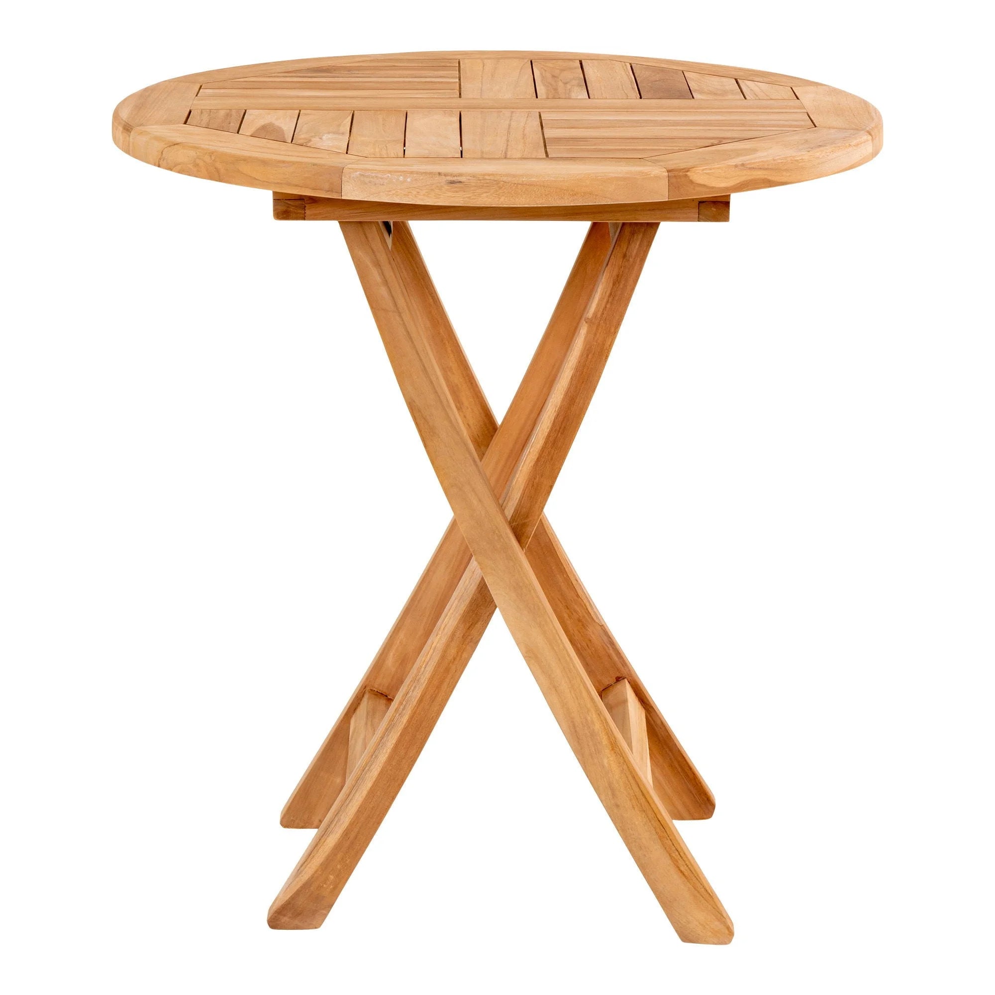 Table à manger ronde en teck naturel avec base en X pour extérieur Ø70 cm