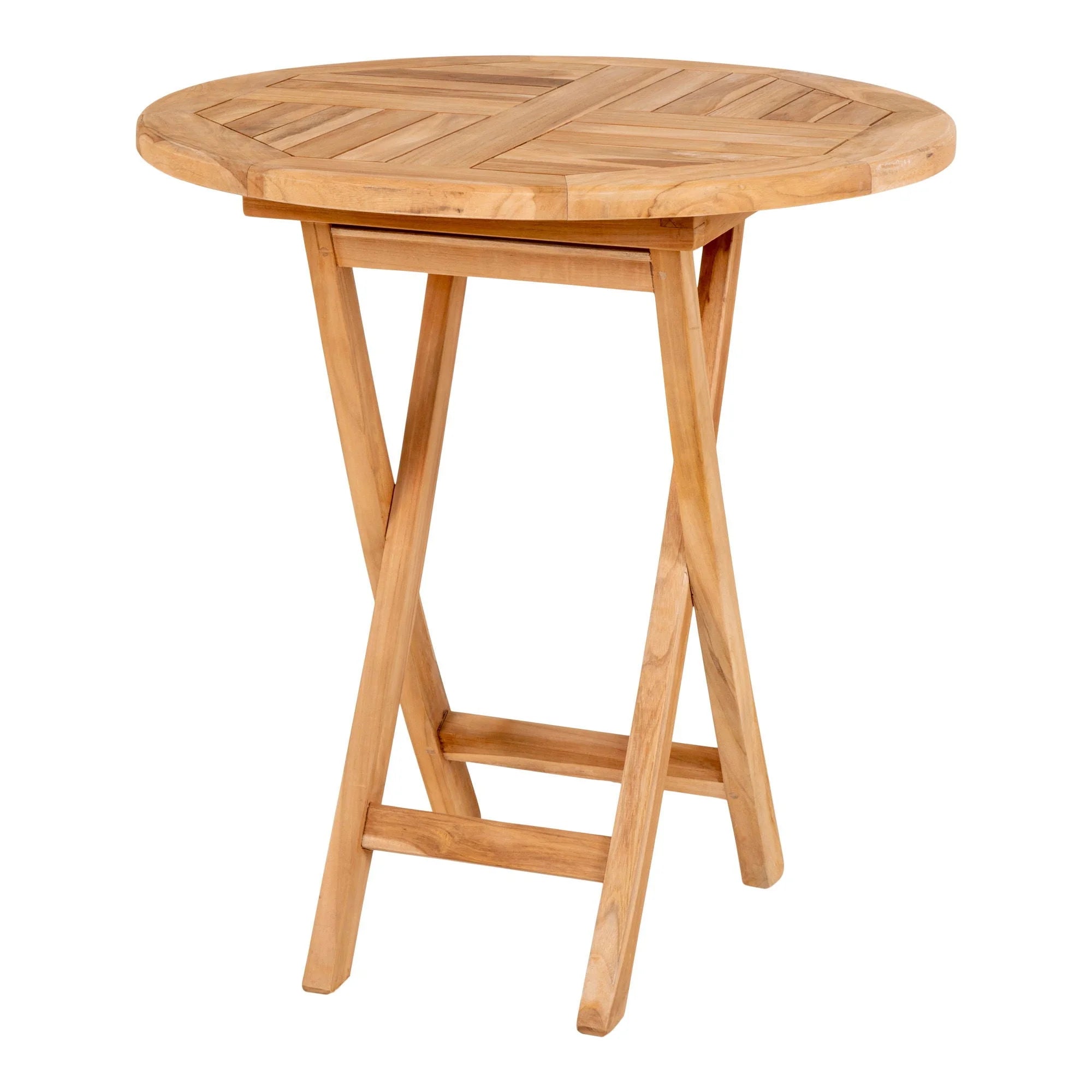 Table à manger ronde en teck naturel pour extérieur avec plateau pliant et pieds ronds