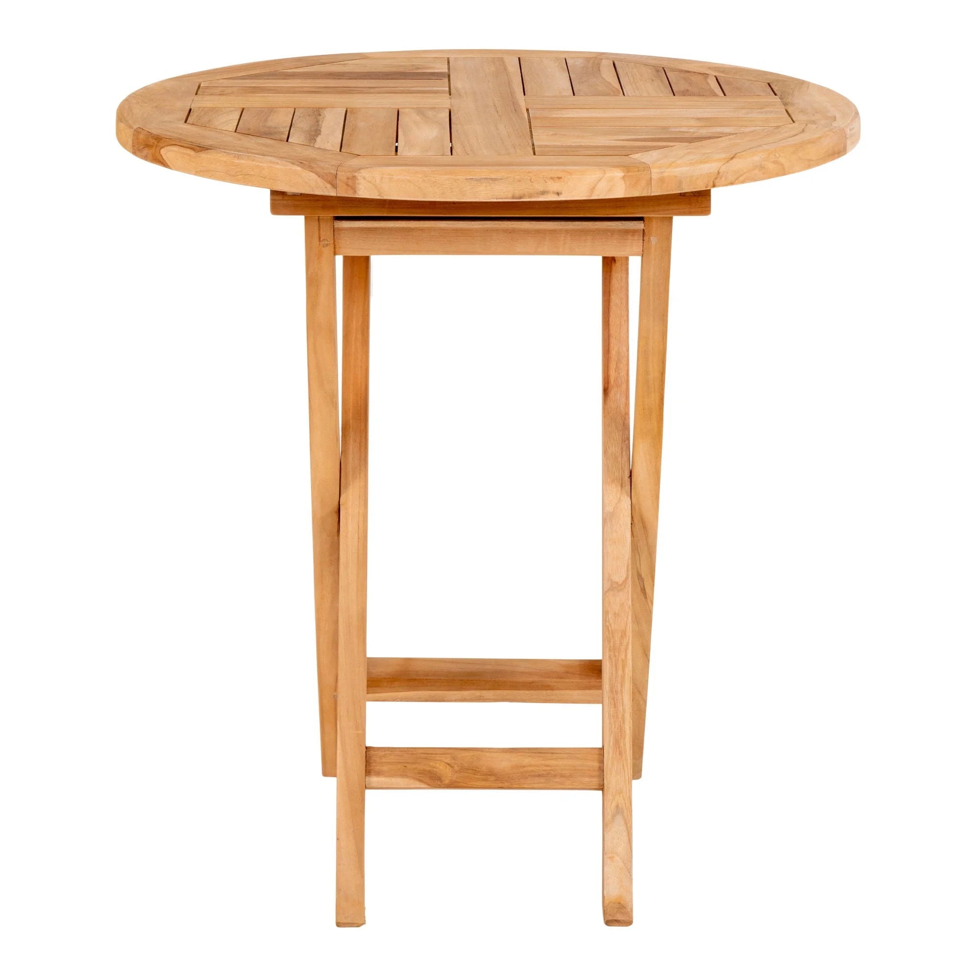 Table à manger ronde en teck naturel avec plateau à lattes, idéal pour l’extérieur