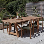 Table à manger en teck massif piètement tréteaux 200x100 cm avec 6 chaises et coussins verts
