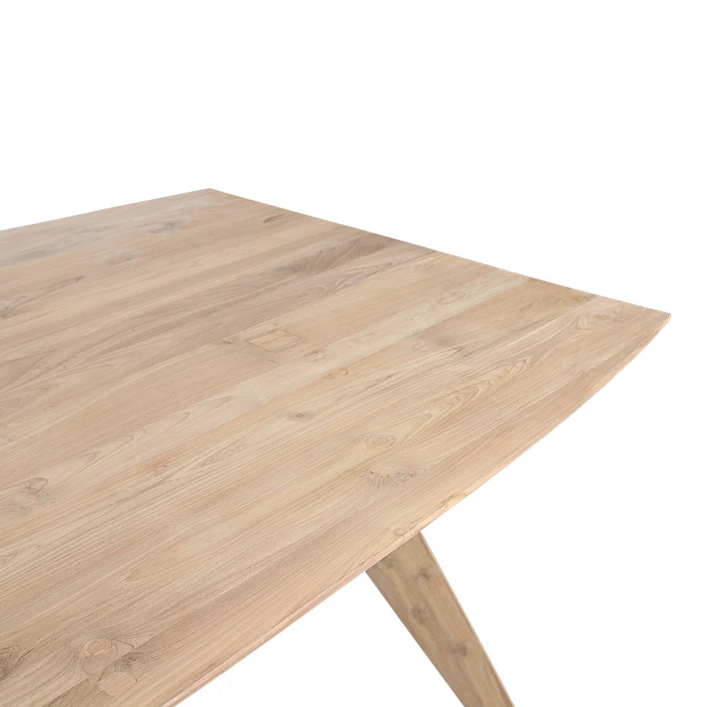 Table à manger en teck recyclé clair, pieds compas, 240x100 cm