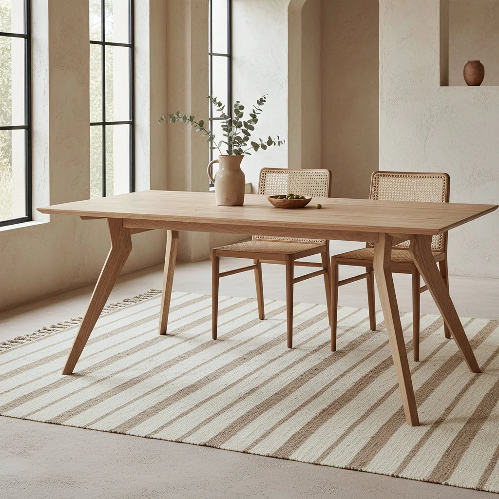 Table à manger en teck recyclé clair, pieds compas, 240x100 cm