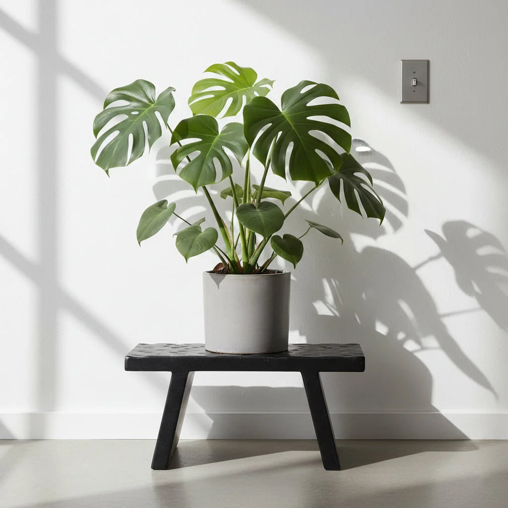 Plante monstera verte luxuriante sur table basse en bois de manguier noir sculpté, 40x25 cm