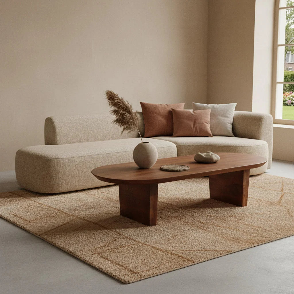 Canapé sectionnel beige capitonné avec contours arrondis et coussins tons terre, près d’une table basse en bois massif marron forme capsule 140x60 cm