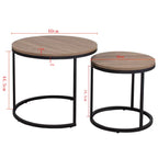 Tables gigognes rondes en bois et métal, avec dimensions indiquées sur fond blanc
