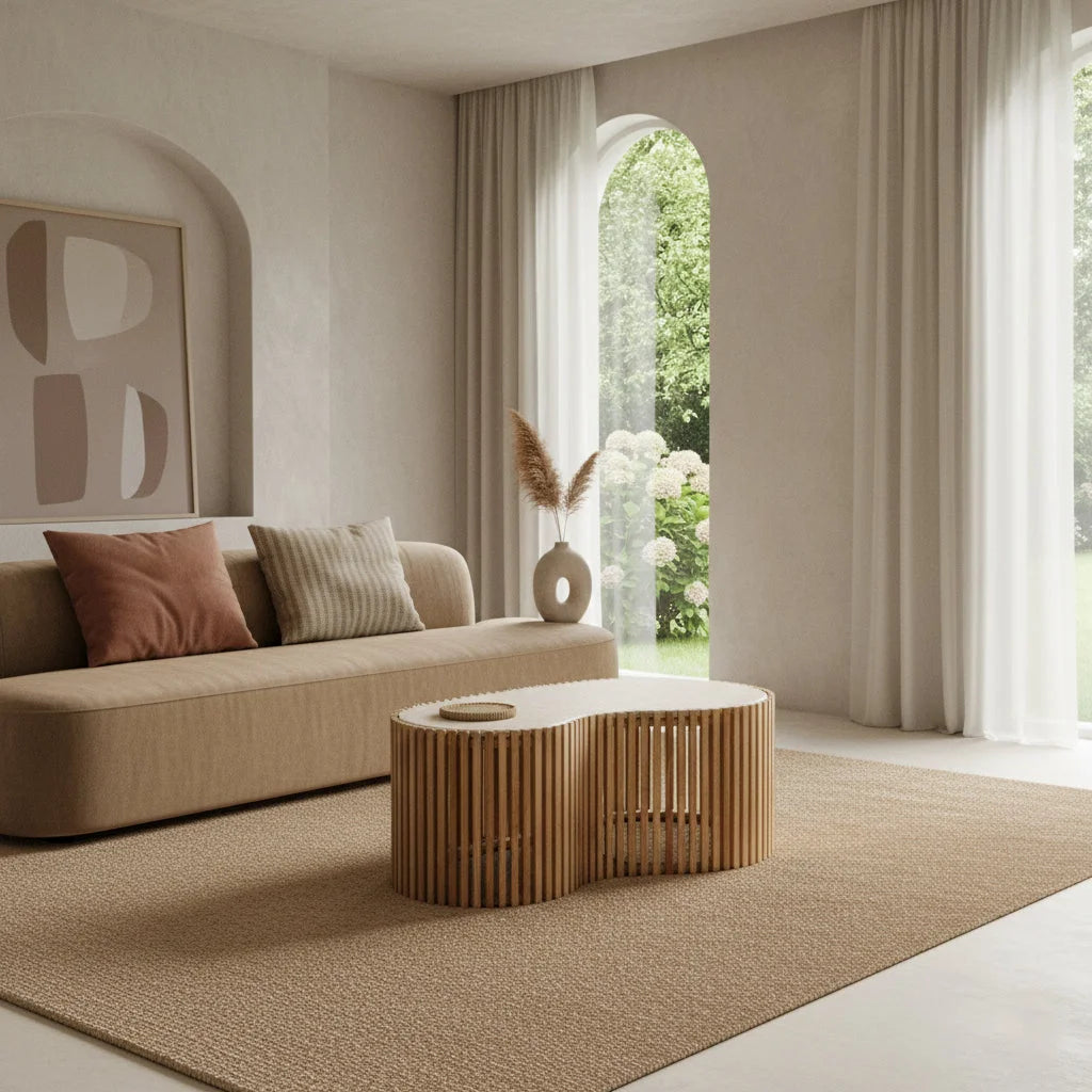 Table basse organique en bois clair ajouré et marbre beige, 93x54 cm