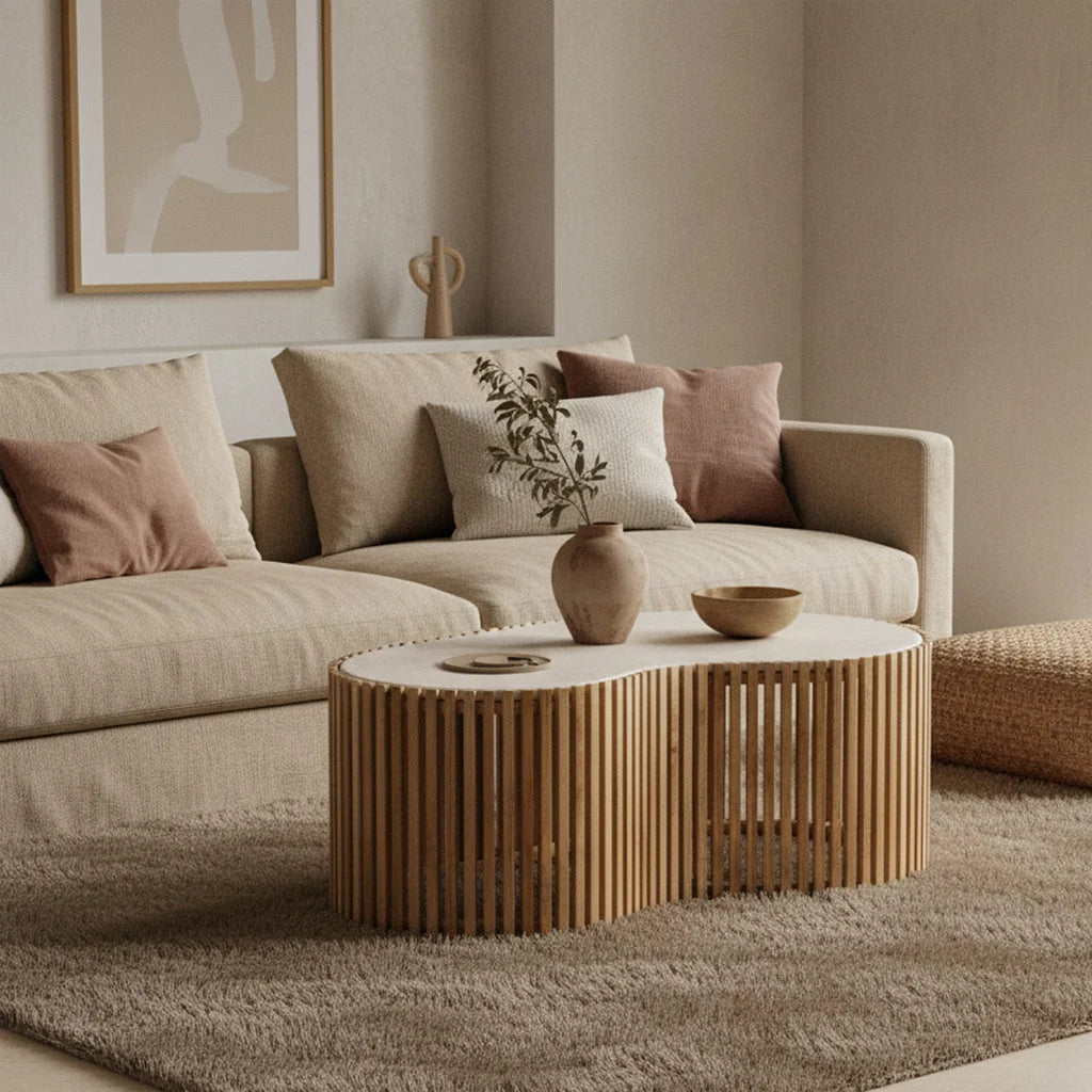 Table basse organique en bois clair ajouré et marbre beige, 93x54 cm