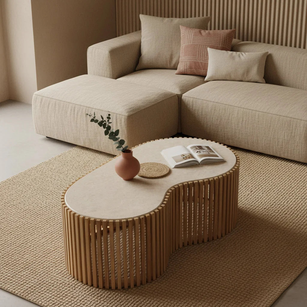Table basse organique en marbre beige clair et bois ajouré, 93x54 cm