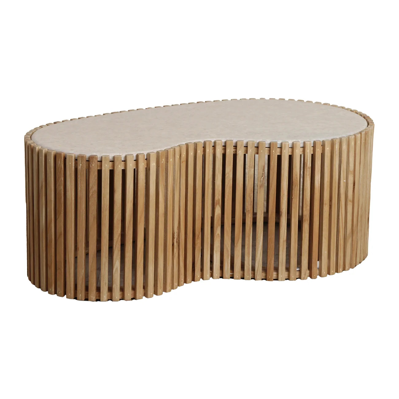 Table basse organique en marbre beige et bois clair ajouré 93x54 cm