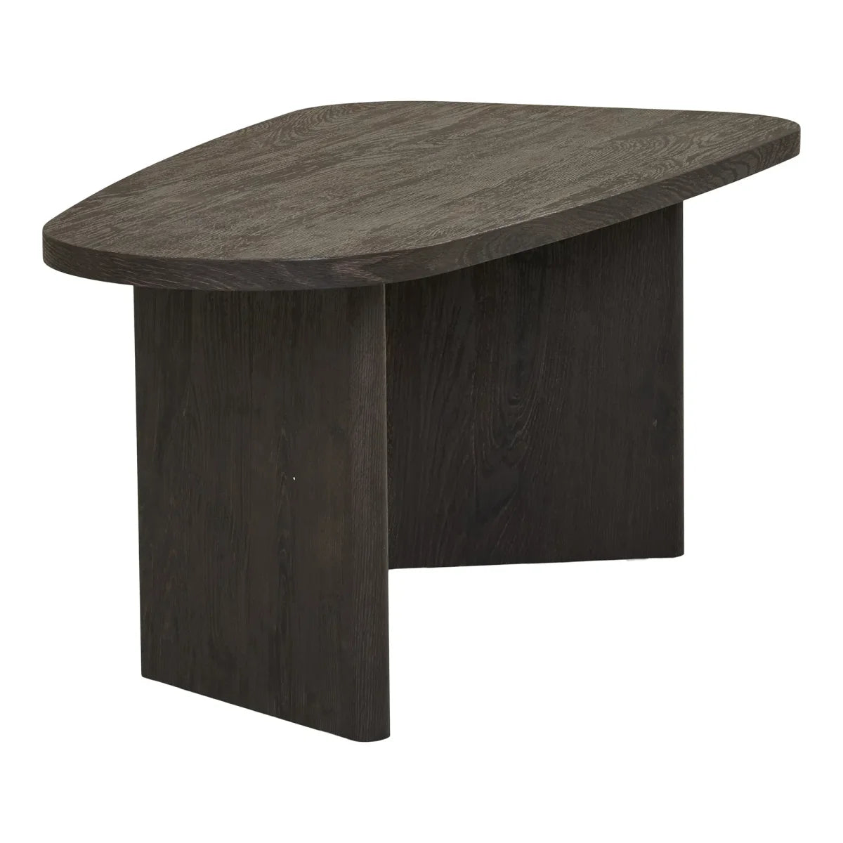 Table basse ovale en bois foncé avec pieds pleins et forme irrégulière