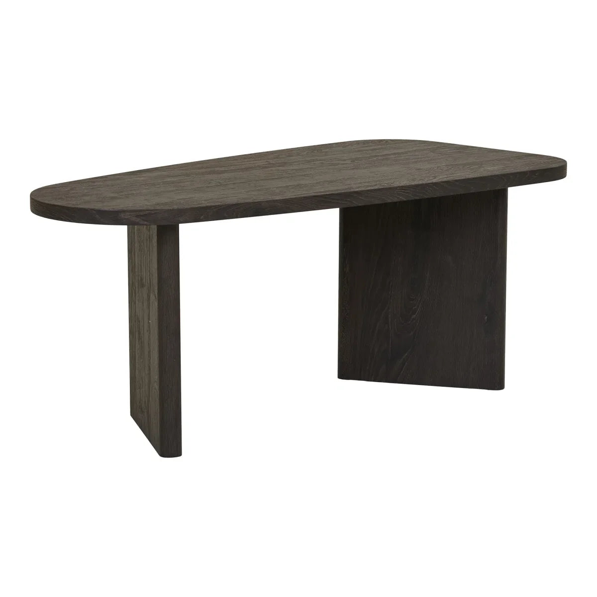 Table basse ovale en bois foncé avec pieds pleins, design asymétrique, 100x50 cm