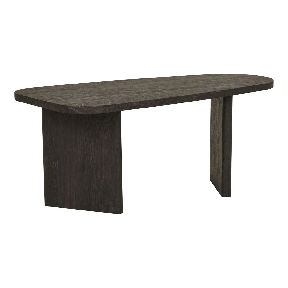 Table basse ovale en bois foncé avec plateau arrondi et pieds pleins robustes
