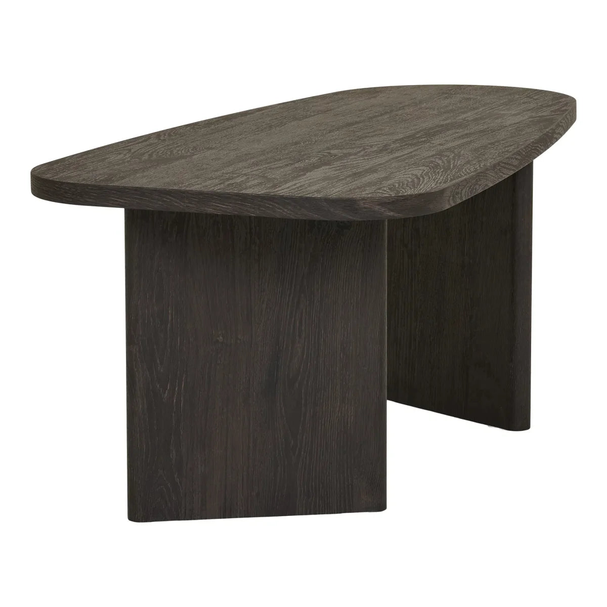 Table basse ovale en bois foncé avec pieds pleins et dessus arrondi-rectangulaire