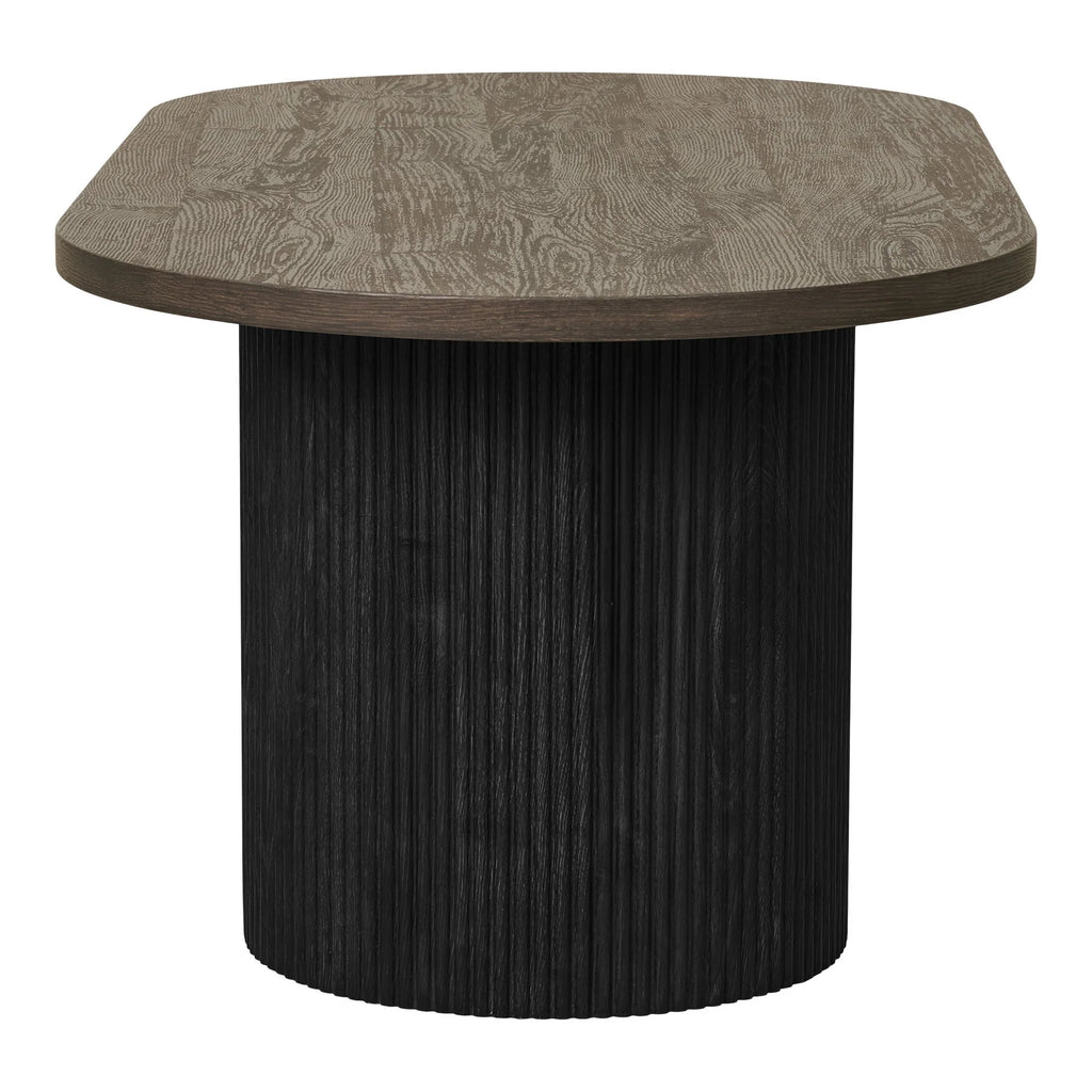 Table basse ovale en bois foncé avec dessus texturé et base noire cylindrique