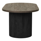 Table basse ovale en bois foncé avec dessus texturé et base noire cylindrique