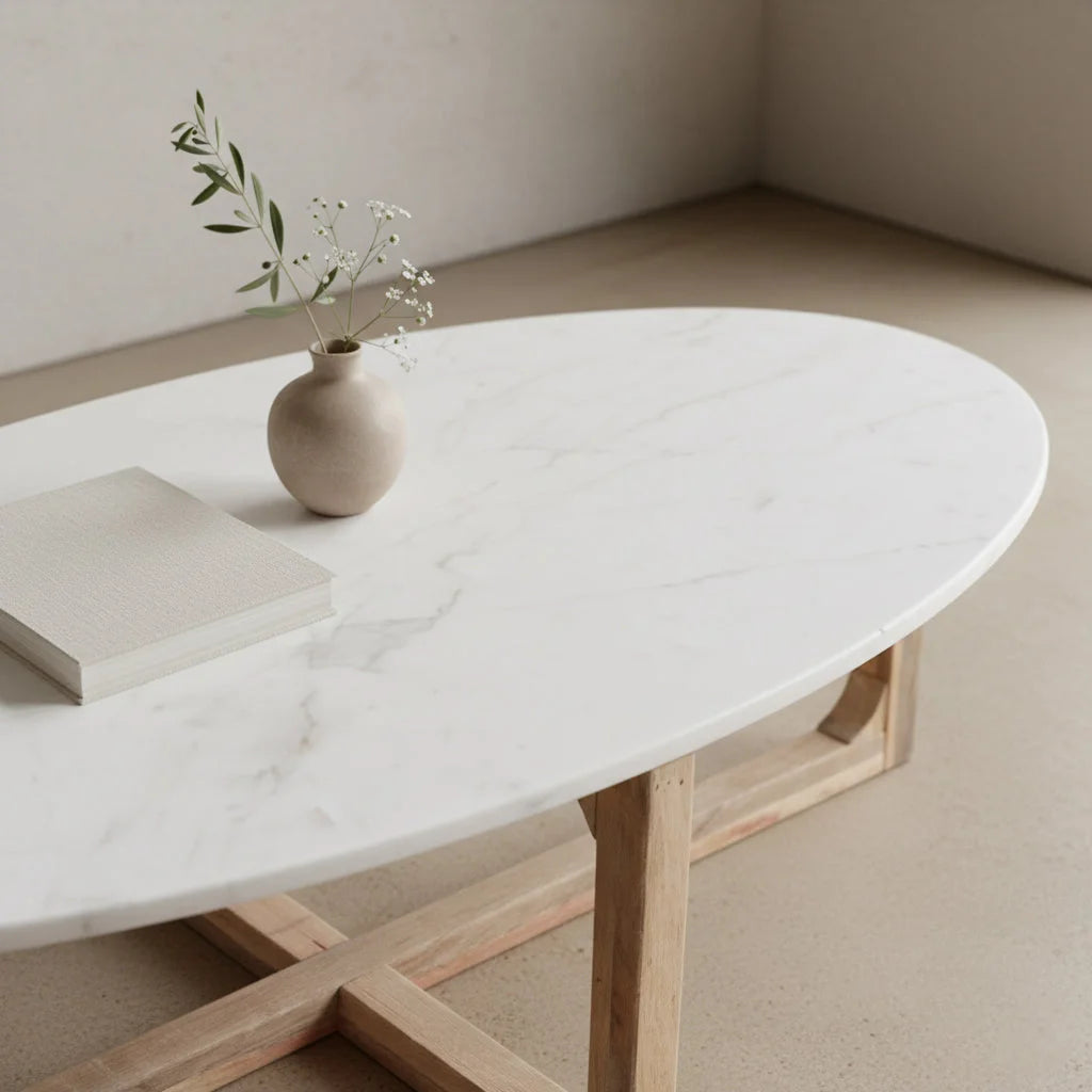 Table basse ovale en marbre blanc et bois de manguier 120x60 cm