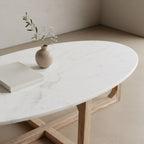 Table basse ovale en marbre blanc et bois de manguier 120x60 cm
