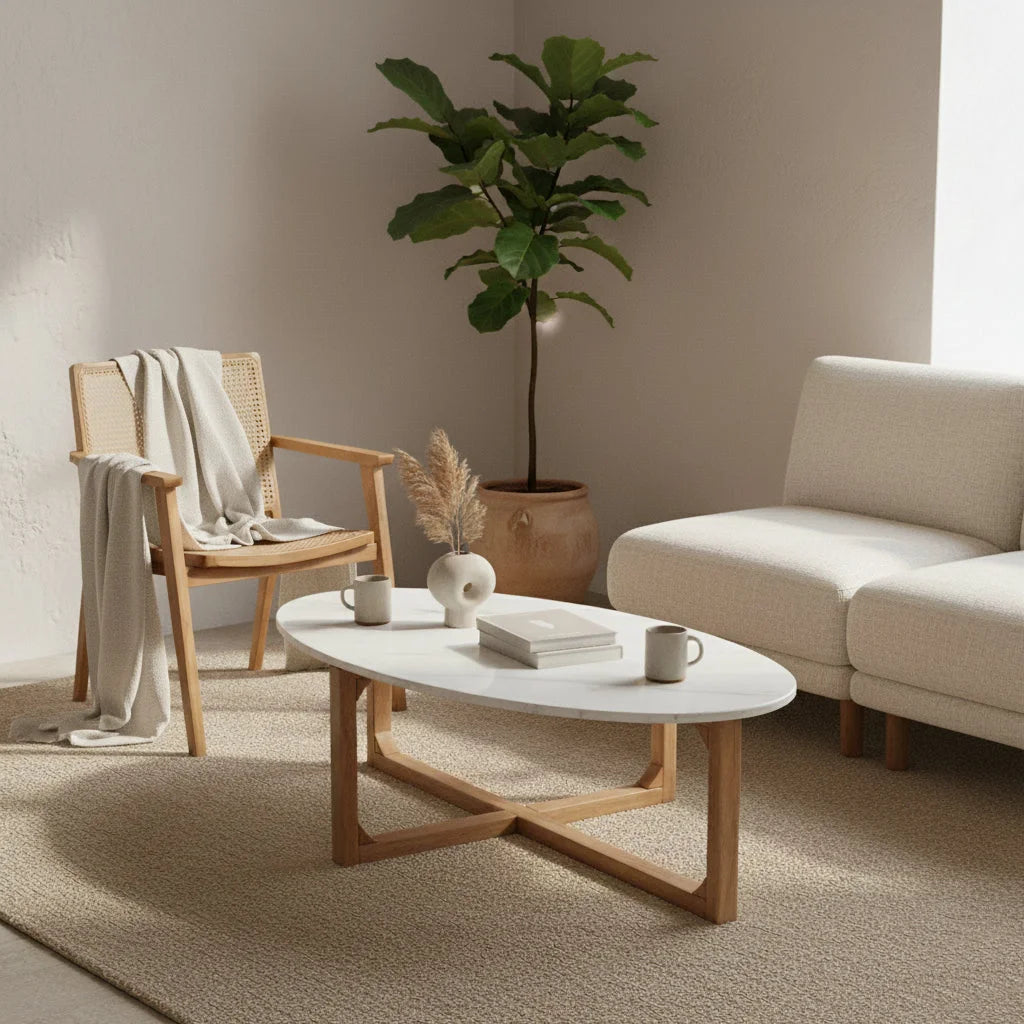 Table basse ovale en marbre blanc et bois de manguier 120x60 cm