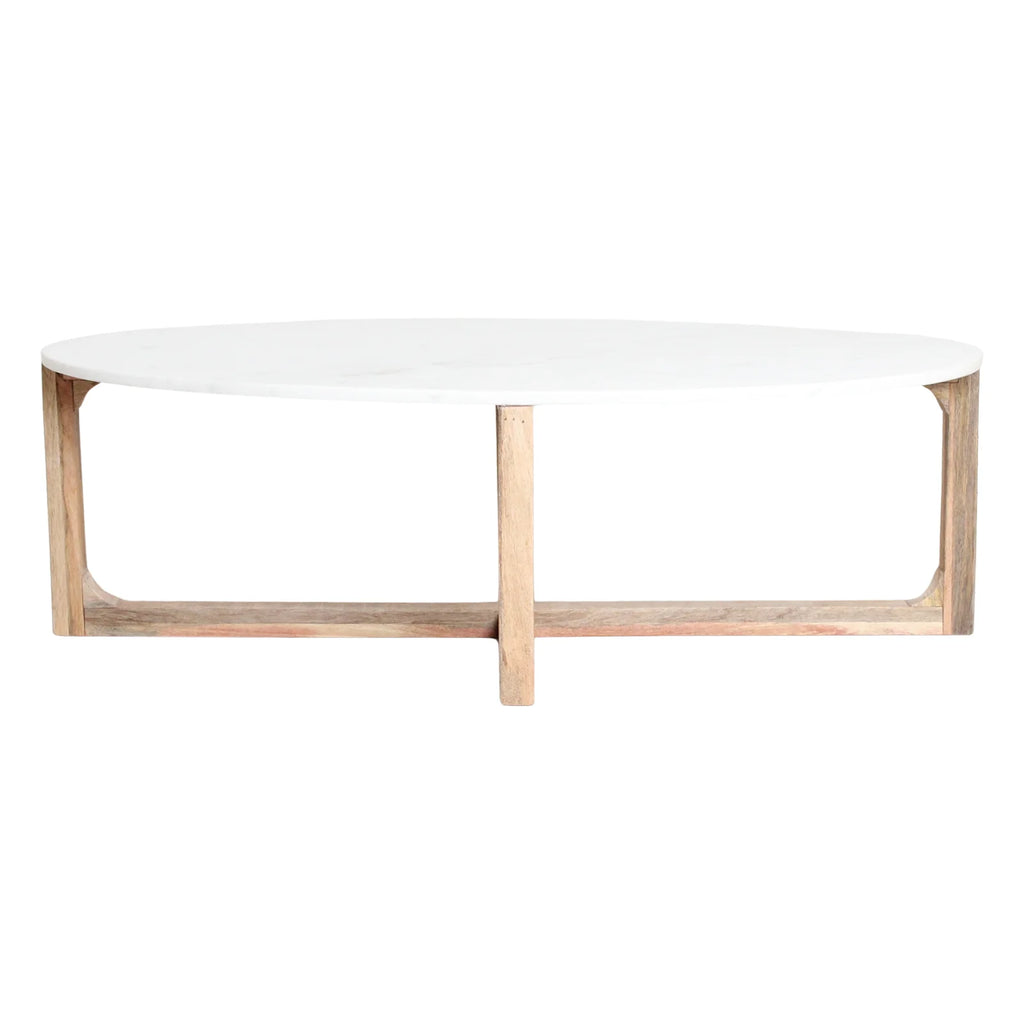 Table basse ovale en marbre blanc et bois de manguier, 120x60 cm