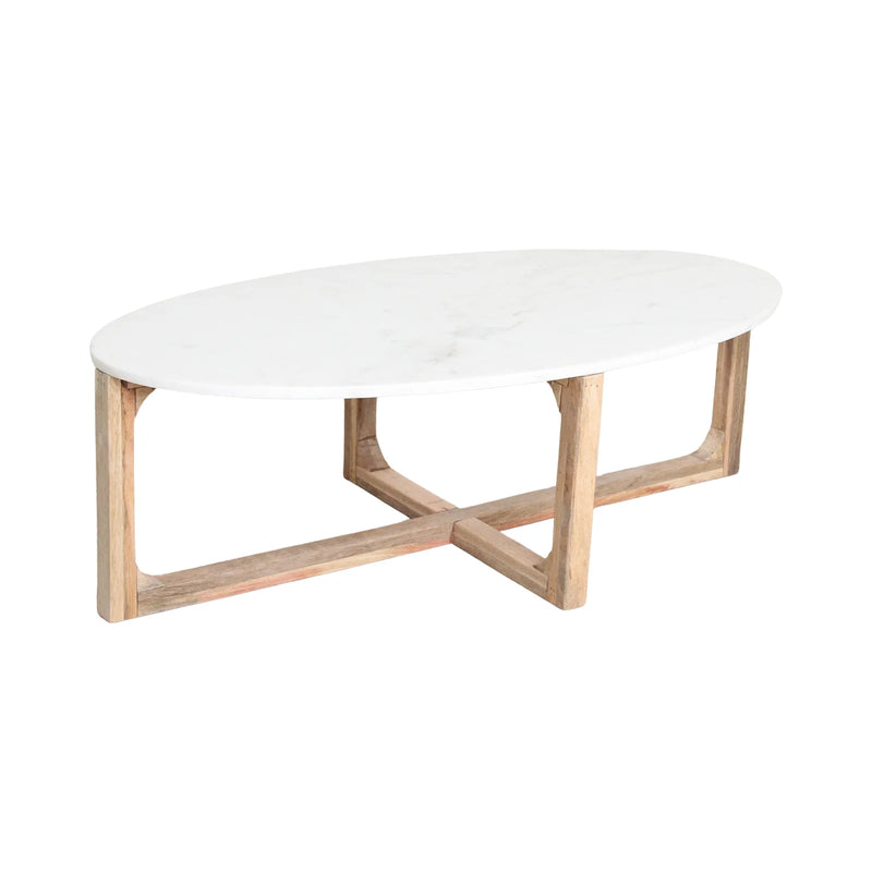 Table basse ovale en marbre blanc et bois de manguier – 120x60 cm