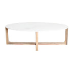 Table basse ovale minimaliste en marbre blanc et bois de manguier 120x60 cm