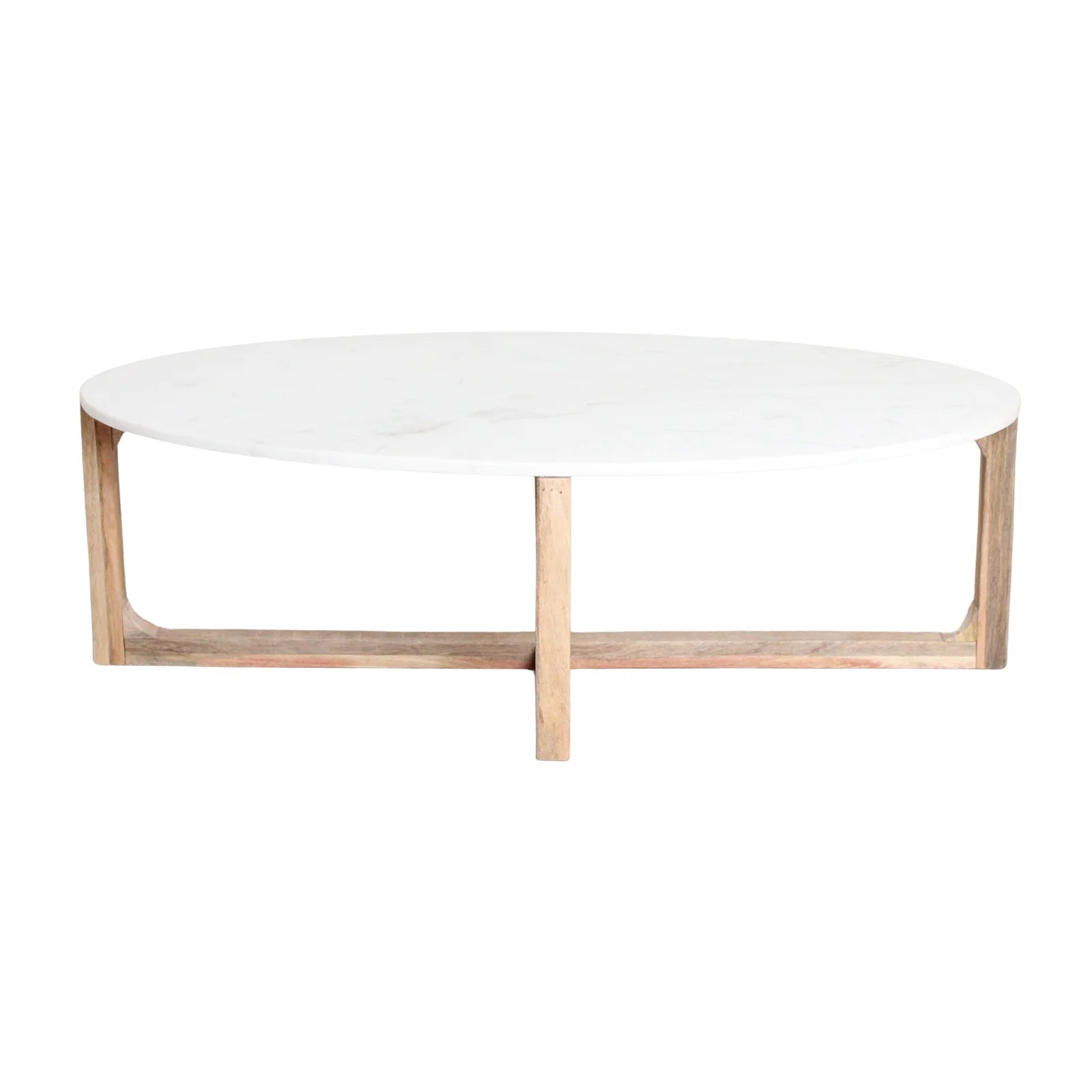 Table basse ovale minimaliste en marbre blanc et bois de manguier 120x60 cm