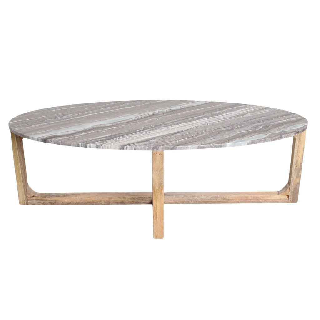 Table basse ovale moderne en marbre gris et bois clair, 120x60 cm