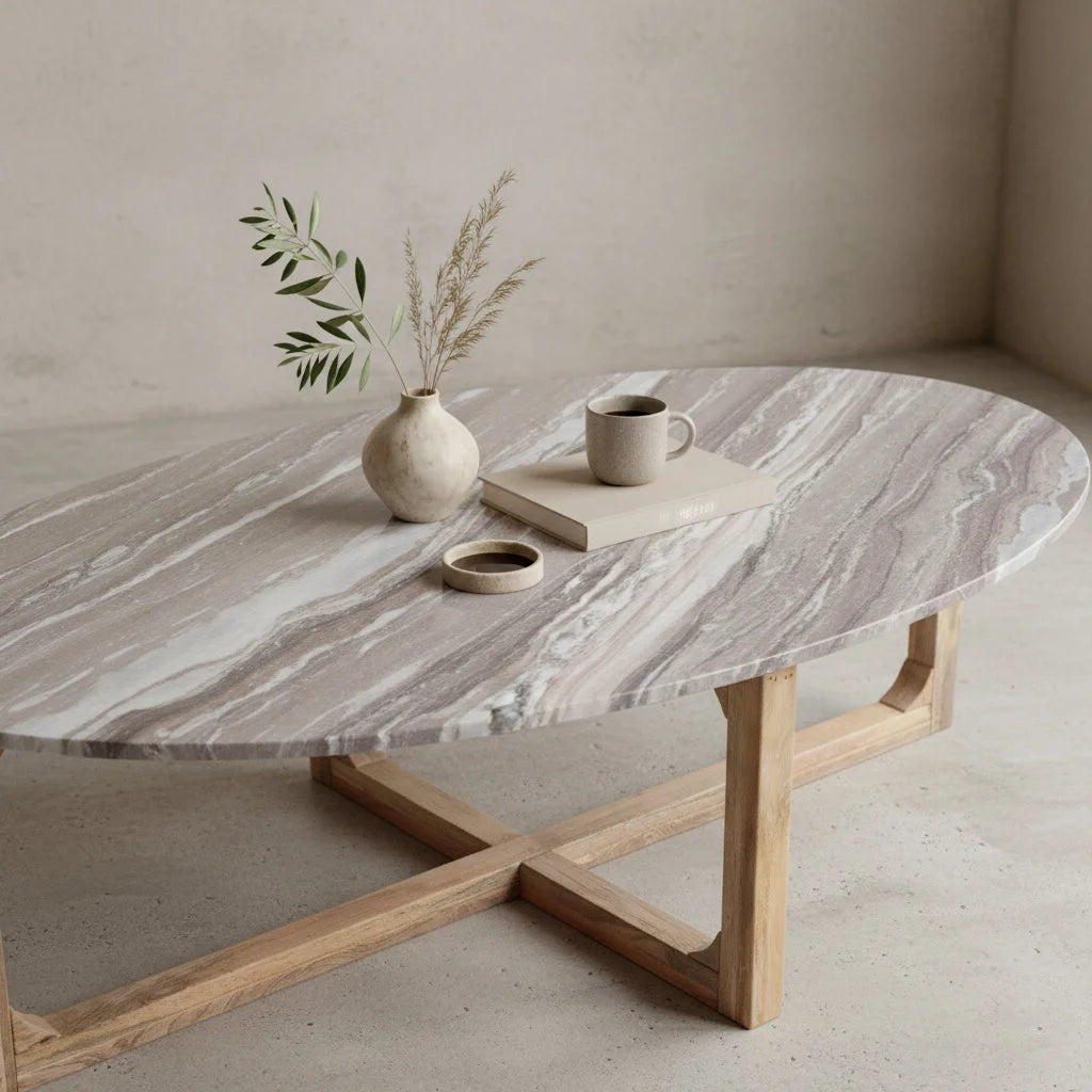 Table basse ovale marbre gris et bois clair x, 120x60 cm