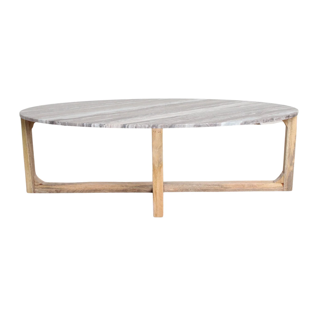 Table basse ovale en marbre gris clair et bois naturel, 120x60 cm