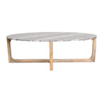 Table basse ovale en marbre gris clair et bois naturel, 120x60 cm
