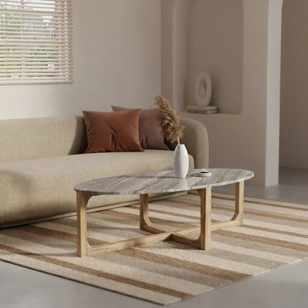 Table basse ovale en marbre gris et bois clair pour salon 120x60 cm