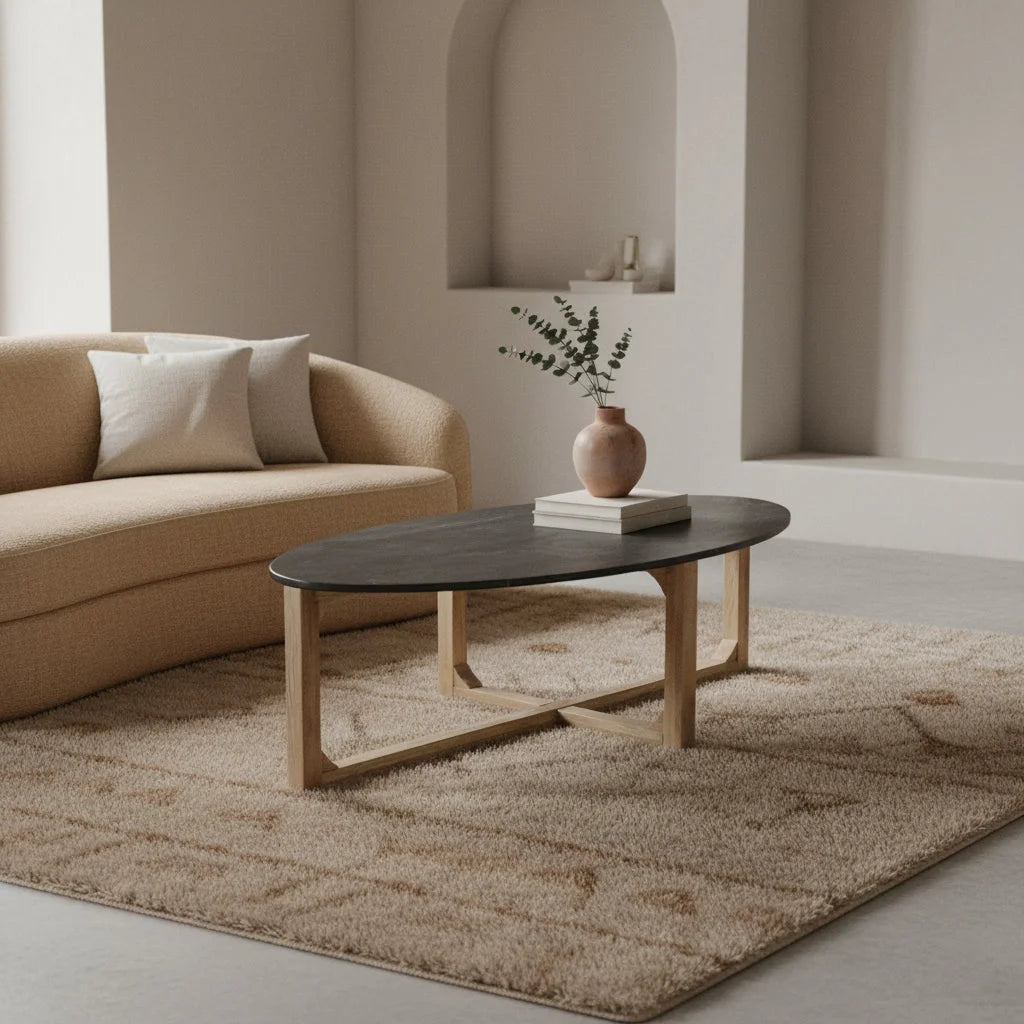 Table basse ovale moderne en marbre noir et bois clair croisé, 120x60 cm