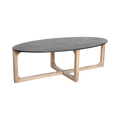 Table basse ovale moderne en marbre gris foncé et bois clair croisé 120x60 cm