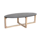 Table basse ovale moderne en marbre gris foncé et bois clair croisé 120x60 cm