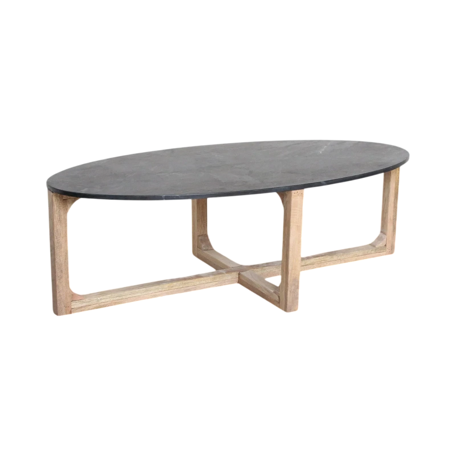 Table basse ovale moderne en marbre gris foncé et bois clair croisé 120x60 cm