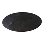 Table basse ovale en marbre noir gris avec veinures subtiles et bois clair croisé 120x60 cm
